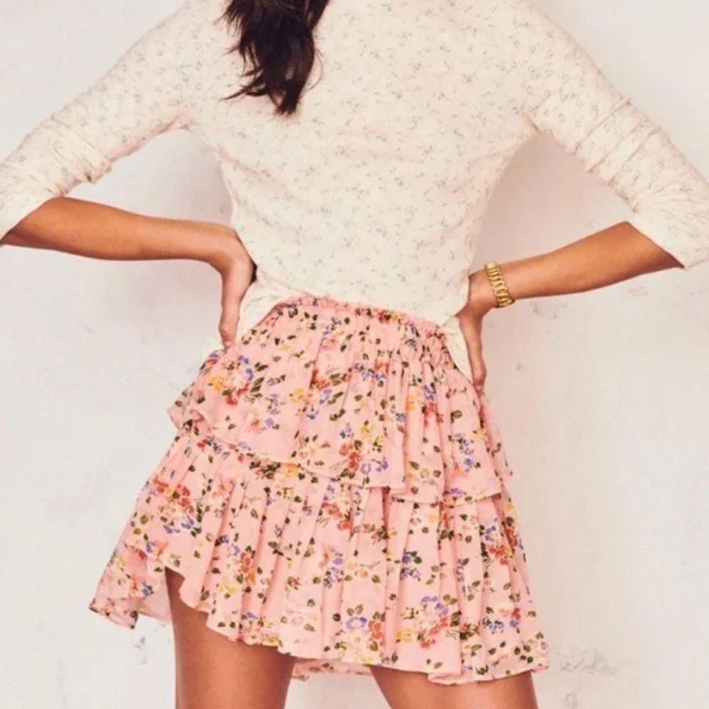 LoveShackFancy Ruffle Mini Skirt in a pink floral print size P